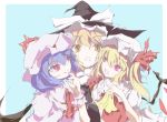  ascot awa_yume bat_wings blonde_hair blue_hair finger_to_mouth flandre_scarlet flying_sweatdrops girl_sandwich hat kirisame_marisa multiple_girls open_mouth orange_eyes red_eyes remilia_scarlet short_hair siblings side_ponytail simple_background sisters slit_pupils smile touhou wings witch witch_hat wrist_cuffs yellow_eyes 