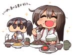  2girls ^_^ akagi_(kantai_collection) bauxite black_hair brown_hair chopsticks closed_eyes eating food food_on_face jitome kaga_(kantai_collection) kakuzatou_(koruneriusu) kantai_collection long_hair multiple_girls open_mouth puffy_cheeks rice rice_bowl rice_on_face side_ponytail simple_background sparkle translation_request white_background 