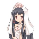  ar_tonelico ar_tonelico_ii black_hair blush bridal_veil drawfag dress flower gust hair_flower hair_ornament hair_ribbon halterneck jakuri long_hair payot red_eyes ribbon solo veil very_long_hair wedding_dress 