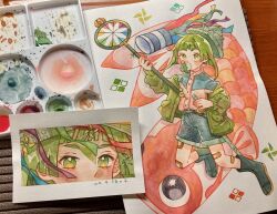  1girl 1other 2023 androgynous bandage_on_knee bandages denim denim_shorts green_eyes green_hair hat highres holding_kite jacket kite kite_flying koi long_hair looking_at_viewer looking_up open_clothes open_jacket original painting_(medium) shorts tenyawanya_tsun tongue tongue_out traditional_media watercolor_(medium) 