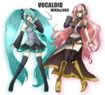  aqua_eyes aqua_hair blue_eyes boots bracelet character_name cross-laced_footwear detached_sleeves hatsune_miku headset jewelry knee_boots lace-up_boots long_hair megurine_luka multiple_girls naga_(pixiv) navel open_mouth simple_background skirt thigh-highs thigh_boots thighhighs twintails very_long_hair vocaloid white_background 
