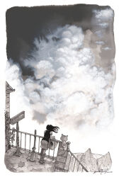  1girl 1other absurdres against_railing broom carrot_(pepper&amp;carrot) cat checkered_leg_warmers clouds david_revoy direction_board full_body highres leg_warmers medium_hair miniskirt on_railing outdoors pepper&amp;carrot pepper_(pepper&amp;carrot) plant railing rooftop shoes sign skirt stairs stone_floor stone_wall vest vines 