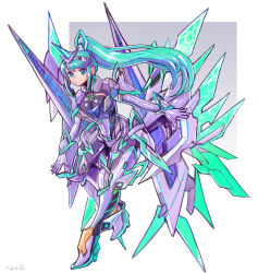  1girl breasts chest_jewel earrings gem gloves greek_text green_eyes green_hair headpiece high_heels highres jewelry large_breasts long_hair oomasa_teikoku pneuma_(xenoblade) ponytail solo swept_bangs tiara very_long_hair xenoblade_chronicles_(series) xenoblade_chronicles_2 