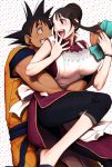  1girl :d apron black_hair blush bracelet chichi couple dragon_ball dragon_ball_z dragonball_z hair_bun harumaki hug hug_from_behind jewelry open_mouth payot smile son_gokuu 