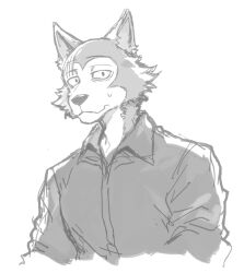  1boy animal_ears beastars closed_mouth commentary dog_nose furry furry_male goshiki greyscale legoshi male_focus monochrome scar_across_eyebrow shirt sweatdrop white_background wolf_boy wolf_ears 