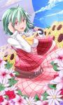  ascot belt blue_sky breasts buttons cloud daisy dress_shirt flower flower_request frills green_hair hand_in_hair kazami_yuuka leaf lilies lily_(flower) long_sleeves looking_at_viewer nogisaka_kushio nogizaka_kushio open_mouth parasol plaid plaid_skirt plaid_vest red_eyes rose shirt short_hair skirt sky solo sunflower touhou umbrella youkai 
