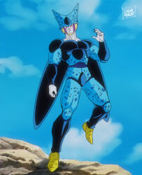  1boy absurdres aged_up blue_sky cell_junior commentary_request dragon_ball dragon_ball_z full_body highres male_focus pink_eyes salvamakoto signature sky smile solo spanish_commentary 
