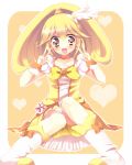  amamine blonde_hair blush cure_peace double_v hair_ornament kise_yayoi magical_girl precure shorts_under_skirt sitting smile_precure! solo v 
