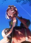  bare_shoulders blurry cloud condensation_trail contrail depth_of_field ekao glasses_on_head goggles helmet long_hair looking_away looking_up love_live!_school_idol_project motor_vehicle motorcycle nishikino_maki open_mouth parted_lips purple_eyes red_hair redhead sky solo sunglasses tree_shade vehicle violet_eyes 
