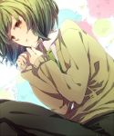  fujishiro_nageki green_hair hatoful_kareshi male mugi_(twinbox) necktie orange_eyes personification school_uniform solo sweater 