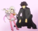  1girl age_difference black_hair bloom child cigarette elbow_gloves emiya_kiritsugu fate/kaleid_liner_prisma_illya fate/zero fate_(series) father_and_daughter gloves illyasviel_von_einzbern long_hair magical_girl maroyakamaromaro prisma_illya red_eyes shaded_face silver_hair simple_background time_paradox wand young 