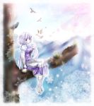  arm_up bird blue_sky boots border breasts cherry_blossoms cloud flower gatsukyo_saki glint hat holding lavender_hair letty_whiterock long_sleeves mountain purple_eyes scarf shirt short_hair sitting skirt sky snowflakes solo squirrel touhou tree tree_branch tsukiori_sasa vest violet_eyes white_hair 