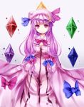  bad_id bow breasts cleavage crescent crystal hair_bow hat long_hair patchouli_knowledge purple_eyes purple_hair smile solo touhou uiroutsuji_yumihiko violet_eyes 