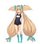  blazblue blonde_hair chiwino footwear long_hair looking_at_viewer low-tied_long_hair platinum_the_trinity quad_tails school_swimsuit socks swimsuit translated very_long_hair yellow_eyes 