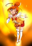  ;d ahoge bike_shorts boots cure_sunny detached_sleeves ez6 fiery_background fire hino_akane looking_at_viewer magical_girl miniskirt open_mouth orange_(color) orange_background precure red_eyes red_hair redhead shorts_under_skirt skirt smile smile_precure! thigh-highs thigh_boots thighhighs tiara wink 