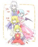  :o blonde_hair blush braid closed_eyes crossed_arms dress eyes_closed flandre_scarlet hand_on_head izayoi_sakuya kirisame_marisa kneeling maid_headdress multiple_girls no_hat no_headwear purple_eyes red_eyes remilia_scarlet silver_hair sitting sketch smile tamaki_hakobe touhou translated twin_braids v yellow_eyes 