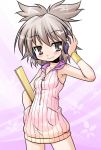  akou_roushi alternate_costume blush bottomless bracelet brown_eyes brown_hair earmuffs grey_eyes grey_hair hand_in_pocket headphones jewelry naked_sweater no_pants ribbed_sweater short_hair sleeveless smile solo sweater touhou toyosatomimi_no_miko zipper 