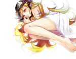  bad_id barefoot blonde_hair dress feet fetal_position goggles helmet highres izumi518 long_hair lying monogatari_(series) nisemonogatari on_side oshino_shinobu red_eyes 