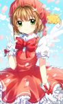  brown_hair card_captor_sakura cardcaptor_sakura child dress green_eyes hat kero kinomoto_sakura kohaku. magical_girl short_hair v wings 