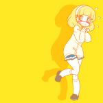  1girl blush cardigan hairband karaagetarou kise_yayoi kneehighs loafers precure shoes shy skirt smile_precure! solo standing_on_one_leg tears wavy_mouth yellow yellow_background 