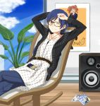  belt blue_hair cardigan cd digital_media_player glasses idolmaster jeans kisaragi_chihaya long_hair school_uniform sitting smile speaker takatsuki_yayoi teru_(grafroller) wink 