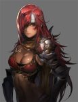  abs bandage bandages breasts cleavage gauntlets hair_over_one_eye headband heroes_lore_v large_breasts long_hair red_eyes red_hair redhead repi987 simple_background solo 