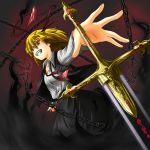  blonde_hair chain chains clearfile darkness ex-rumia fangs grin hair_ribbon outstretched_hand red_eyes ribbon rumia short_hair skirt smile solo sword the_embodiment_of_scarlet_devil touhou vest weapon youkai 