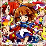  3girls amitie andou_ringo anniversary arle_nadja armor armored_dress blob blonde_hair brown_eyes brown_hair capelet carbuncle_(puyopuyo) copyright_name creature green_eyes half_updo hat madou_monogatari multiple_girls puyo_(puyopuyo) puyopuyo puyopuyo_7 puyopuyo_fever redhead short_hair skirt smile sunaosunao wink wrist_cuffs 