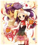  2girls amamiya_kabosu arms_up beanie black_hair blue_eyes bouquet brown_eyes dark_skin flower gym_leader hair_ornament hairclip hat hikari_(pokemon) iris_(pokemon) jumping long_hair looking_at_viewer miniskirt multiple_girls pokemon pokemon_(game) pokemon_bw pokemon_dppt purple_hair scarf skirt smile twintails two_side_up very_long_hair 