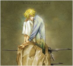  barefoot blonde_hair flag_custom graham_aker green_eyes gundam gundam_00 male mecha pajamas sitting solo xiling 