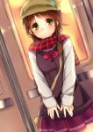  bag blush brown_eyes brown_hair hat original purse scarf school_uniform short_hair skirt smile solo train yukityasoba 