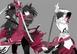  aikana arms_up back black_hair dual_persona gaias gloves grey_background male multiple_boys serious spot_color surcoat sword tales_of_(series) tales_of_xillia weapon wingar 