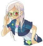  albino argyle belt bent_over bracelet clover dosanko glasses green-framed_glasses jewelry leaning_forward original pin red_eyes solo white_hair 