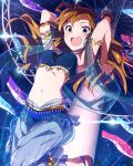  1girl :d aqua_eyes armlet armpits arms_up bandages bracelet braid brown_hair hairband idolmaster idolmaster_million_live! jewelry kousaka_umi long_hair looking_at_viewer navel necklace official_art open_mouth side_braid side_braids smile solo twin_braids 