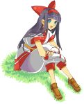  bangs blue_eyes blue_hair bow dosanko fingerless_gloves gloves grass hair_bow hairband japanese_clothes nakoruru samurai_spirits shoes sitting snk solo 