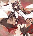  :o arm_up bell black_hair black_legwear blush floral_background flower garter_belt garter_straps hair_flower hair_ornament hakama horns inu_x_boku_ss japanese_clothes long_hair looking_at_viewer open_mouth pleated_skirt polearm purple_eyes scarf shirakiin_ririchiyo skirt solo thigh-highs thighhighs toosaka_asagi violet_eyes weapon wide_sleeves 