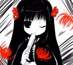  1girl flower hair_flower hair_ornament long_hair lowres monochrome shichinose solo wink 