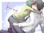  blush closed_eyes eyes_closed green_hair hairband hug idolmaster kiss mole natsu_(anta_tte_hitoha) otonashi_kotori producer_(idolmaster) sweatdrop 