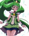  bike_shorts bow bowtie choker circlet cure_march dress green green_dress green_eyes green_hair kamen_rider kamen_rider_w long_hair midorikawa_nao parody ponytail precure ribbon serious shorts_under_skirt skirt smile_precure! solo tj-type1 tri_tails white_background wrist_cuffs 