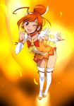  ;d ahoge boots cure_sunny detached_sleeves ez6 fiery_background fire hino_akane looking_at_viewer magical_girl miniskirt open_mouth orange_(color) precure red_eyes red_hair redhead skirt smile smile_precure! thigh-highs thigh_boots thighhighs tiara wink 