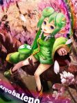  1girl blob blue_eyes cherry_blossoms double_bun green_hair horns in_tree petals puyo_(puyopuyo) puyopuyo puyopuyo_fever rider_(puyopuyo) short_hair sitting sitting_in_tree skirt sleeves_past_wrists smile solo tree zi-dabu 