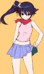  ascot bad_id black_eyes black_hair long_hair midriff monogatari_(series) navel nisemonogatari scarf side_ponytail skirt skirt_lift takesinobu 