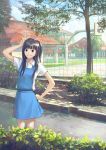  bow brown_eyes brown_hair chong_feigiap copyright_request grin hair_bow hand_on_hip highres hips school_uniform side_ponytail smile tree v 