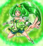  1girl bike_shorts bow bowtie choker circlet cure_march dress green green_background green_dress green_eyes green_hair long_hair magical_girl midorikawa_nao outstretched_hand ponytail precure ribbon shoes shorts_under_skirt skirt smile_precure! solo tri_tails very_long_hair wrist_cuffs 