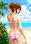  beach bikini brown_eyes brown_hair flower from_behind hamura_mayu looking_back meiko nail_polish palm_tree ponytail project_diva project_diva_2nd short_hair sunbeam sunlight swimsuit thigh_gap thighs tree vocaloid wet 