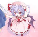  2girls animal_ears ascot bat_wings blue_dress blue_hair blush brooch cat_ears cat_tail chibi child dress dress_tug ear_tug fang hat hat_ribbon izayoi_sakuya jewelry kemonomimi_mode lights multiple_girls open_mouth pink_dress pink_eyes remilia_scarlet ribbon sash short_hair tail touhou wings wrist_cuffs wrist_ribbon 