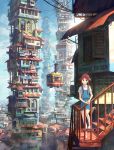  animal_ears brown_eyes cable_car chong_feigiap cityscape copyright_request highres leaning long_hair looking_at_viewer red_hair redhead scenery school_uniform solo stairs standing tail tower 