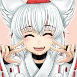  animal_ears blush bridal_gauntlets choker closed_eyes double_v eyes_closed face fangs happy hat inubashiri_momiji jewelry ring short_hair solo tk8d32 tokin_hat touhou v wolf_ears 