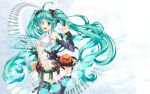  aqua_hair breasts bridal_gauntlets center_opening hatsune_miku hatsune_miku_(append) highres long_hair miku_append navel necktie open_mouth thigh-highs thighhighs twintails very_long_hair vocaloid vocaloid_append windart 