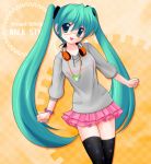  aoya_(hoshixii) green_eyes green_hair hatsune_miku headphones headphones_around_neck jewelry long_hair necklace osanpo_style project_diva project_diva_2nd skirt solo thigh-highs thighhighs twintails very_long_hair vocaloid 